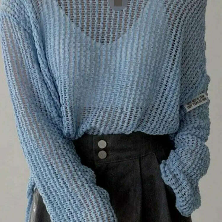 Women’s Knitted Sweater: Hollow Out Mesh, Long Sleeve Pullover - D&M Boutique