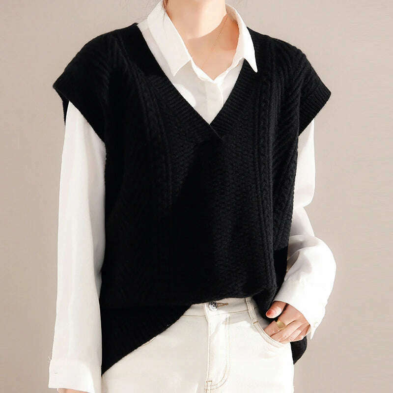Korean Knitted Sweater Vest – V-Neck, Sleeveless, Loose Pullover - D&M Boutique