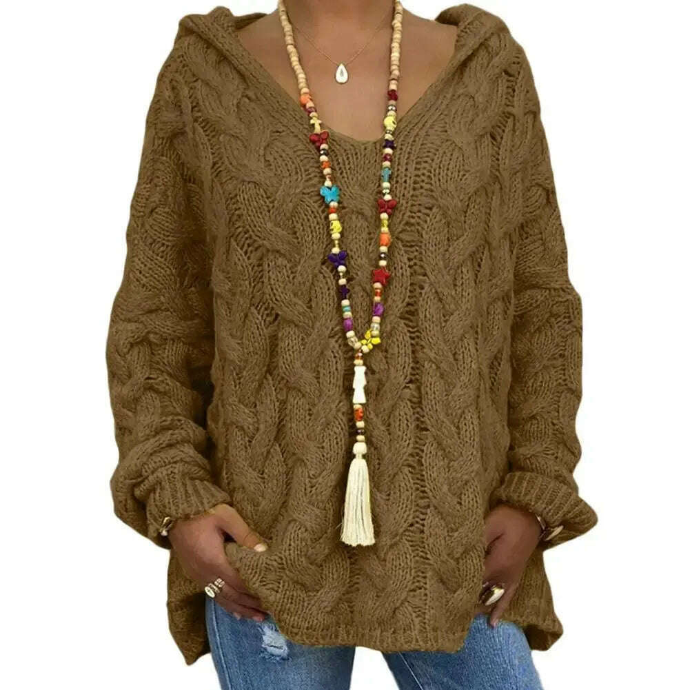 Hooded V-Neck Twist Knitted Hoodie: Autumn/Winter Loose Sweater - D&M Boutique