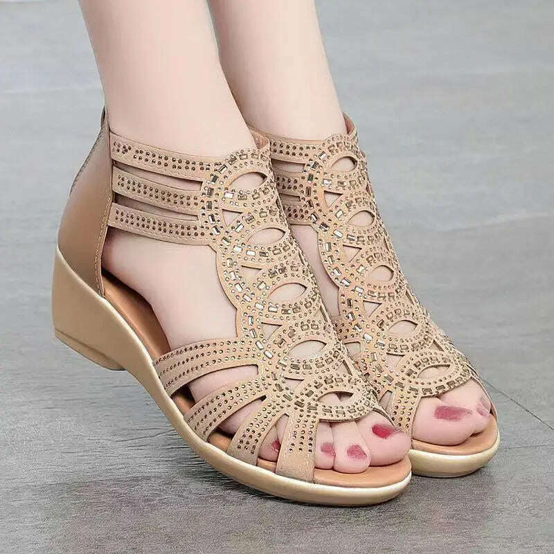 Soft Leather Roman Sandals - Chunky Heel Wedge Shoes