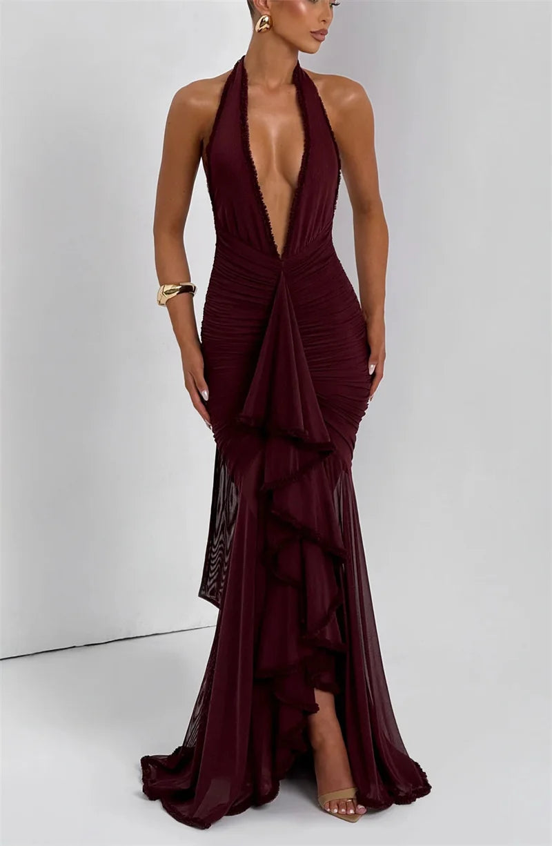 Mozision Elegant Halter Deep V Neck Sexy Maxi Dress Women Fashion Sleeveless Backless Ruched Evening Club Party Long Dress