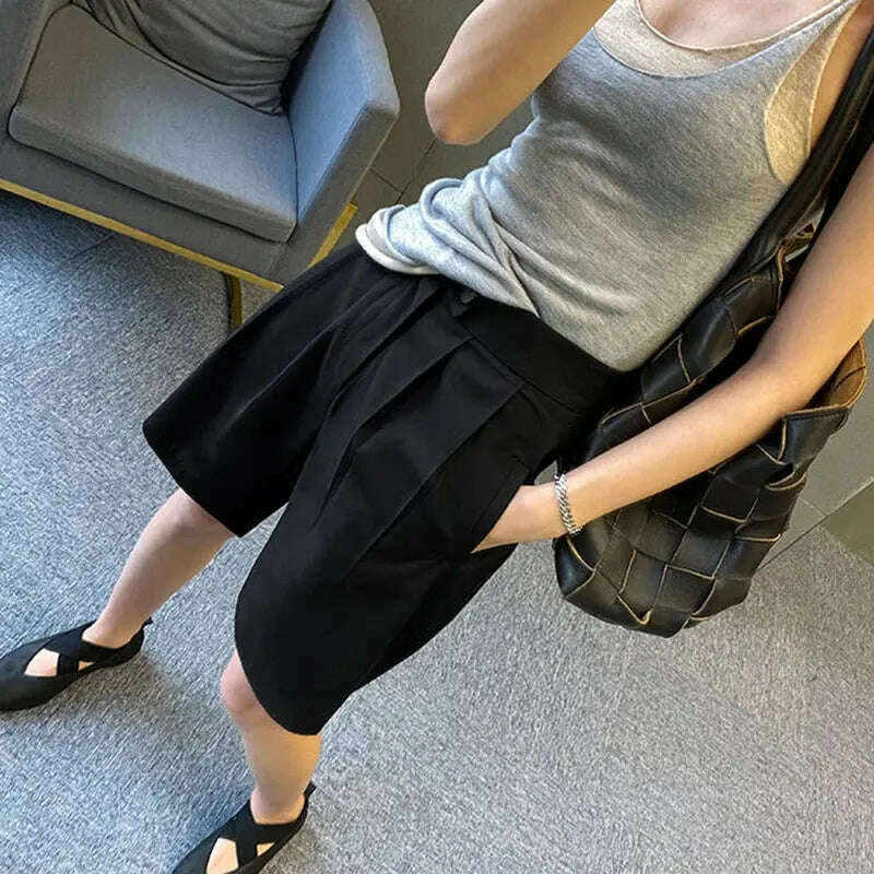 Korean Office Suits Shorts – High Waist, Double-Button, Knee-Length