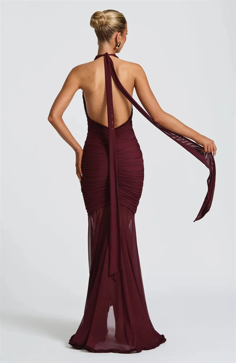 Mozision Elegant Halter Deep V Neck Sexy Maxi Dress Women Fashion Sleeveless Backless Ruched Evening Club Party Long Dress