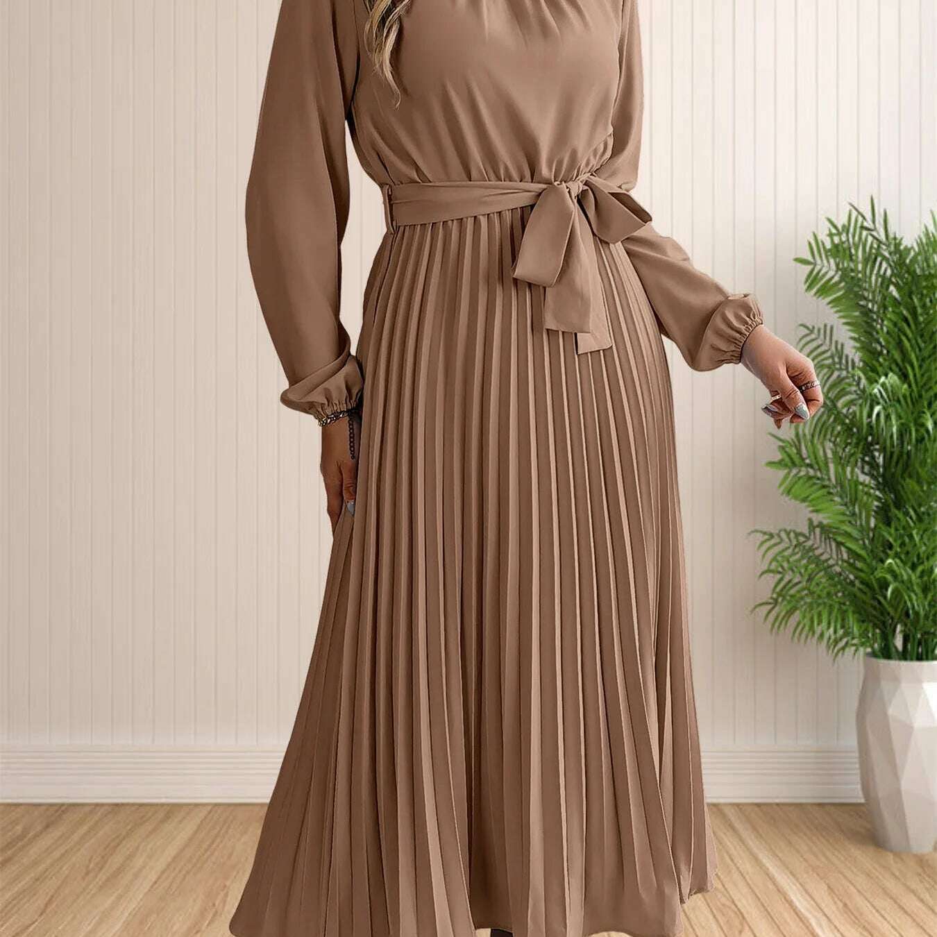 Elegant Pleated Lace-Up Long Sleeve A-Line Sundress