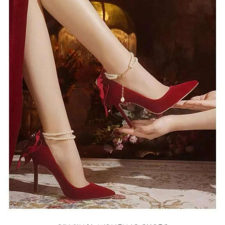 Red Xiuhe wedding shoes new pointy stiletto high heels female shallow mouth bow pearl one word buckle strap two wear bride shoes