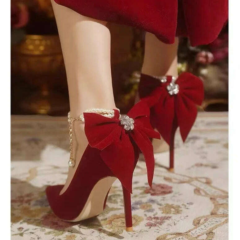 Red Xiuhe wedding shoes new pointy stiletto high heels female shallow mouth bow pearl one word buckle strap two wear bride shoes
