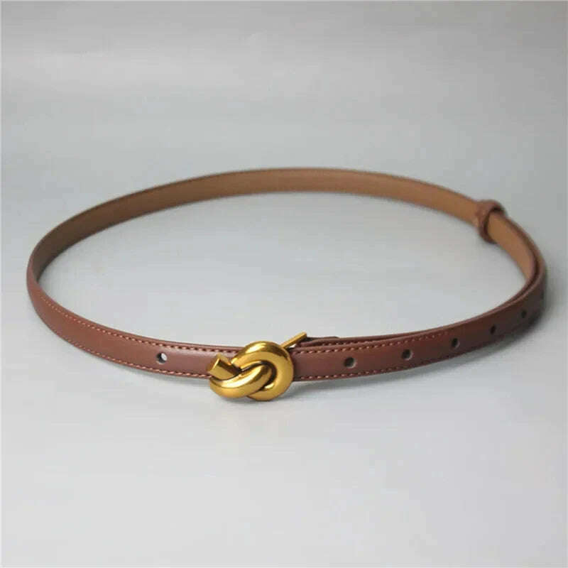Adjustable Thin Genuine Leather Belt with Metal Knot Buckle