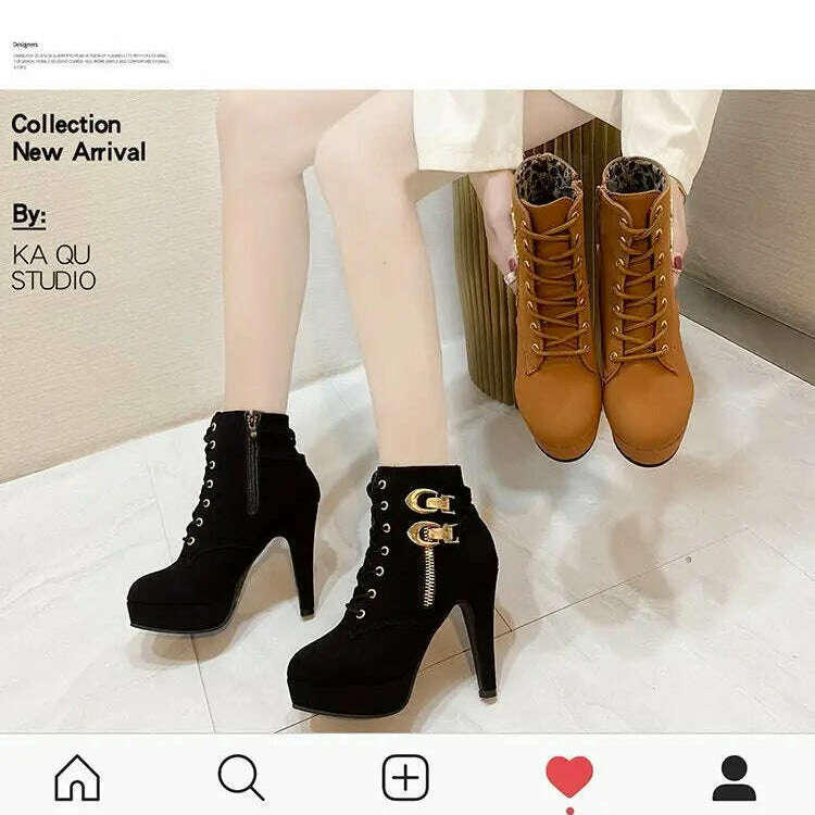 Chunky Heeled Ankle Boots - Metal Decor, Lace-Up Platform