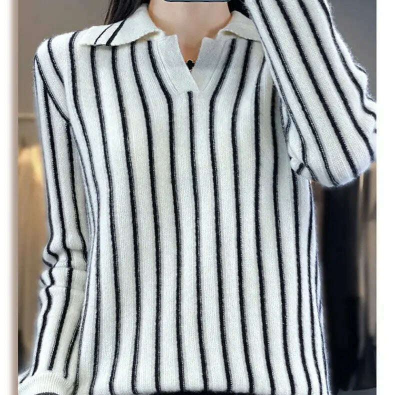 Merino Wool Sweater: Striped, Polo Neck, Autumn/Winter - D&M Boutique