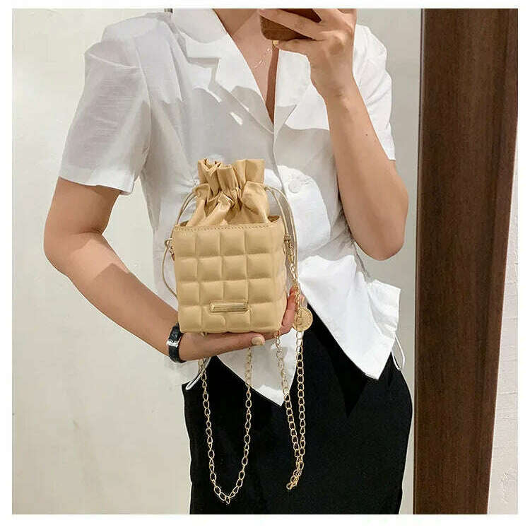 Trendy Checker Drawstring Crossbody Bag with Chain Strap