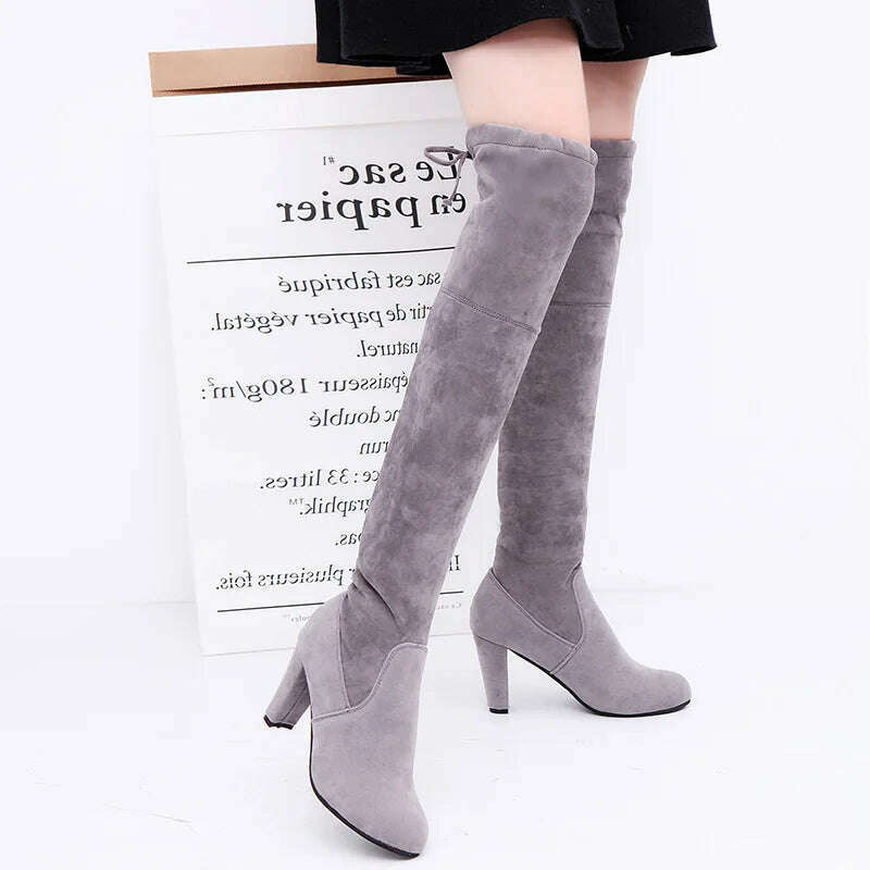LINLING Faux Suede Over-the-Knee Lace-Up Boots