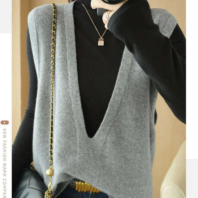 Autumn Knit V-Neck Vest – Loose, Solid, Stylish Layering - D&M Boutique