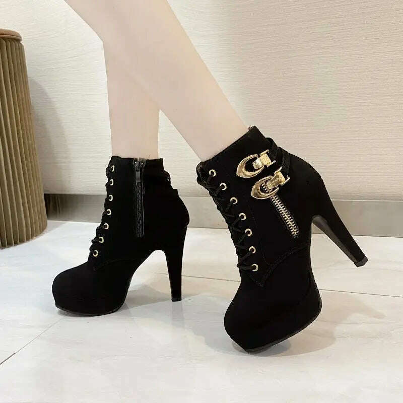 Chunky Heeled Ankle Boots - Metal Decor, Lace-Up Platform