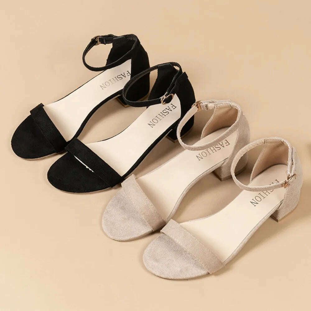 Beige High Heel Sandals - Open Toe Buckle & Square Heel
