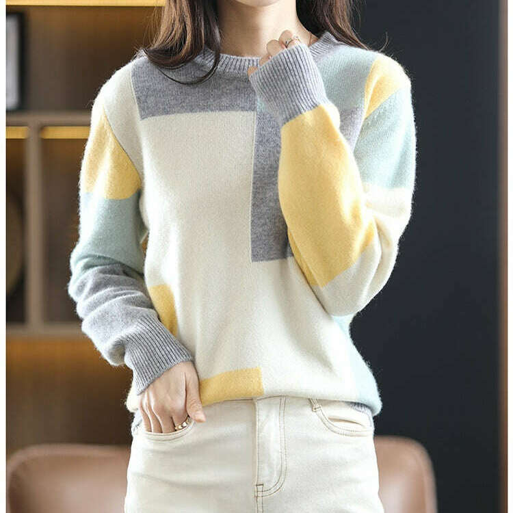 Autumn/Winter Wool Sweater – Round Neck, Color-Block, All-Match Top - D&M Boutique