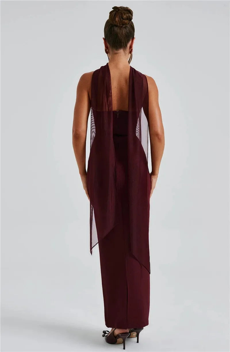 Mozision Scarf Collar Strapless Sexy Maxi Dress For Women Fashion Off-shoulder Backless Bodycon Club Party Long Dress Elegant