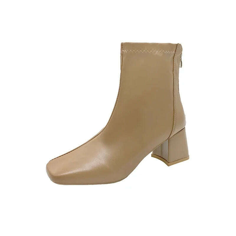 Casual Women's Thick Heel Medium Heel Boots Women's 2024 New Winter Square Toe Back Zipper Heightening Short Boots
