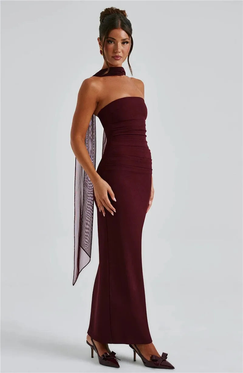 Mozision Scarf Collar Strapless Sexy Maxi Dress For Women Fashion Off-shoulder Backless Bodycon Club Party Long Dress Elegant