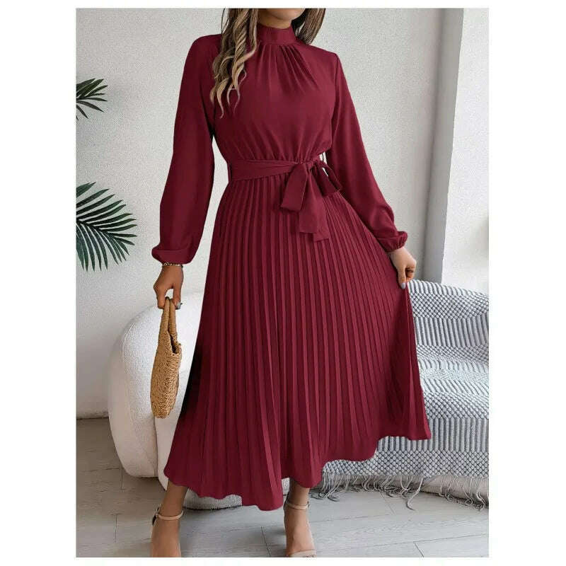 Autumn & Winter Pleated Stand-Up Collar Midi Dress