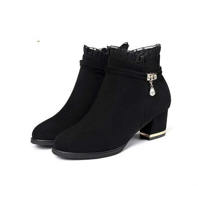 Autumn Fur Ankle Boots - High Heel & Rhinestone Detail