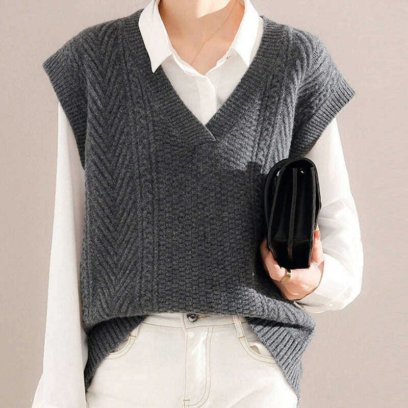 Korean Knitted Sweater Vest – V-Neck, Sleeveless, Loose Pullover - D&M Boutique