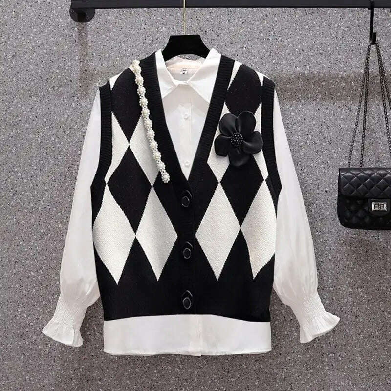 2024 Beaded V-Neck Diamond Plaid Cardigan Vest for Women - D&M Boutique