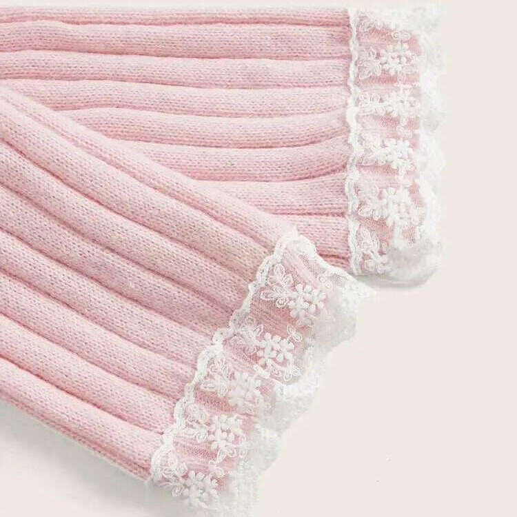Grunge Off-Shoulder Knit Sweater: Pink, Bow Lace Y2K Jumper - D&M Boutique