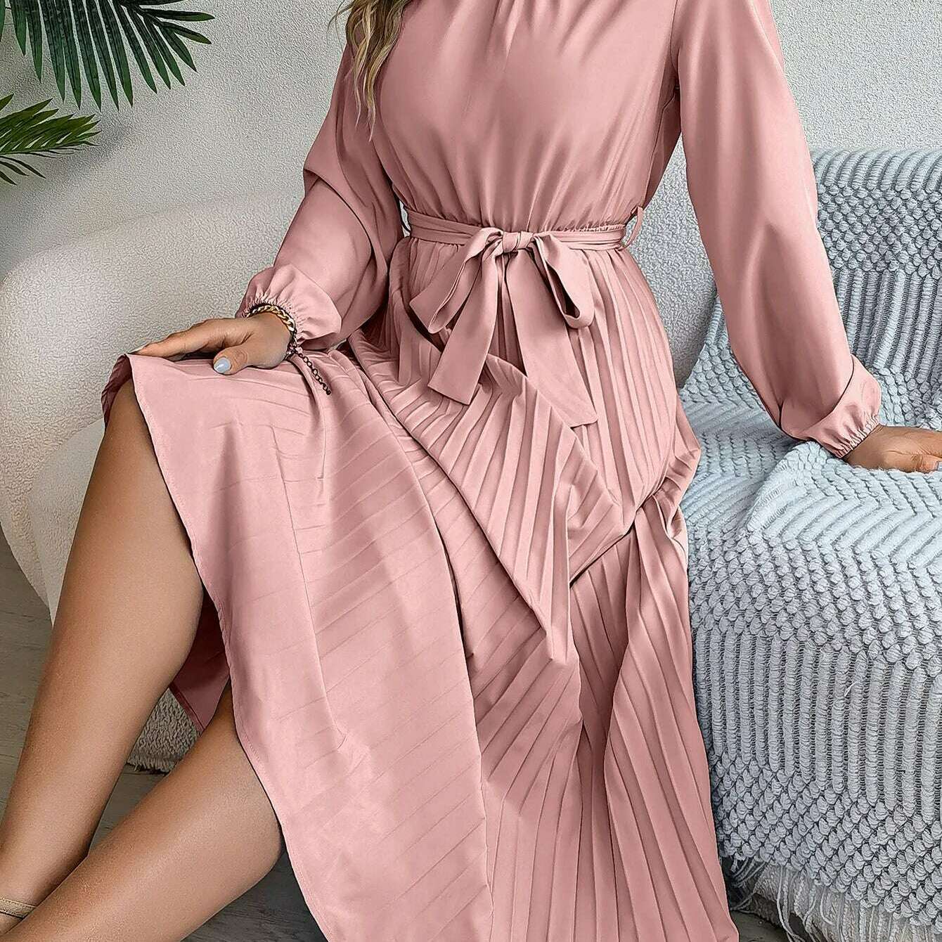 Autumn & Winter Pleated Stand-Up Collar Midi Dress