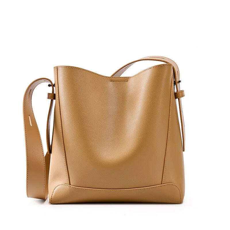 Minimalist Brown Leather Bucket Bag - Sleek and Structured
