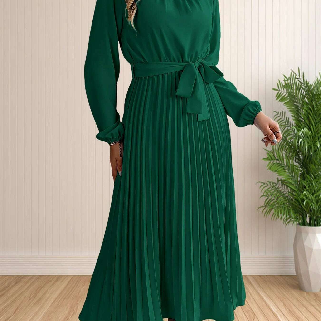 Elegant Pleated Lace-Up Long Sleeve A-Line Sundress