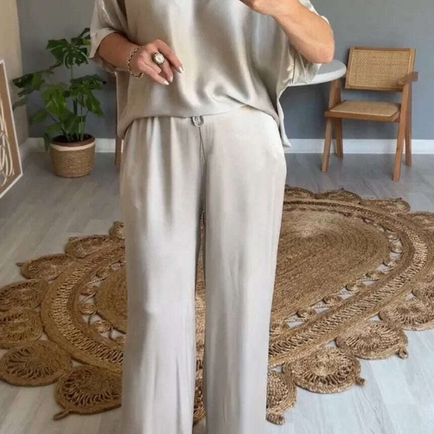 Elegant Women's Summer Satin V-neck Top & High-Waisted Pants Set