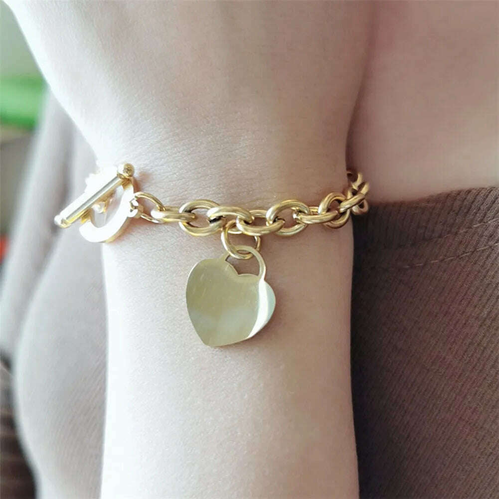 Classic Stainless Steel Toggle Bracelets Thick Chain Love Heart Charm Bracelet For Women Girls New Bracelets Trendy Jewelry