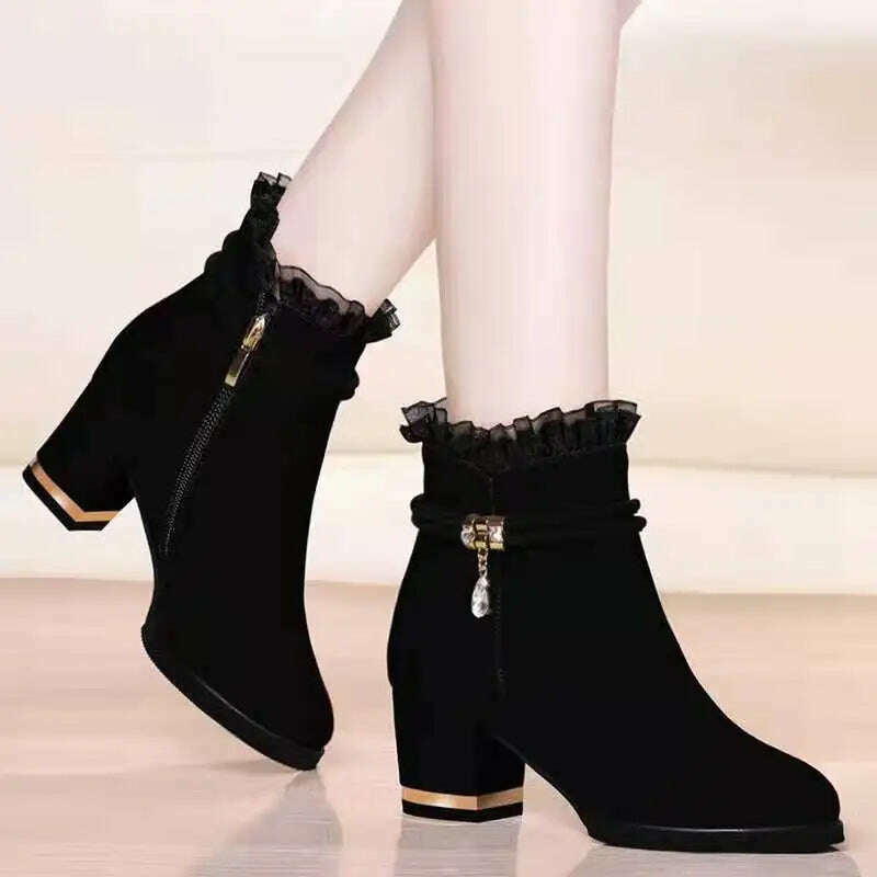 Autumn Fur Ankle Boots - High Heel & Rhinestone Detail