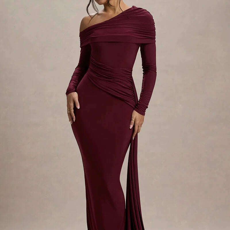 Mozision Skew Collar Long Sleeve Maxi Dress