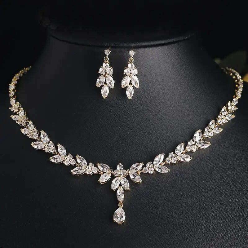 RAKOL Luxury Necklace Earring Set For Women AAA+ Zircon New Flower Leaf Fashion Bridal Wedding Party Charm Jewelry Set