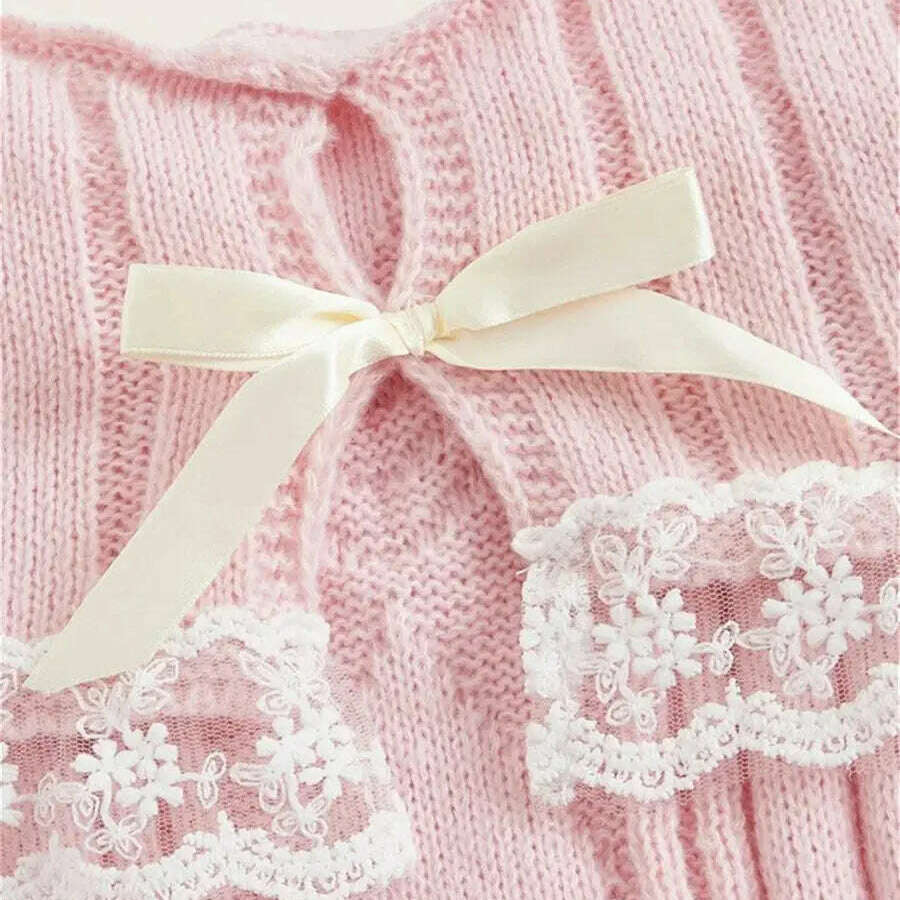 Grunge Off-Shoulder Knit Sweater: Pink, Bow Lace Y2K Jumper - D&M Boutique