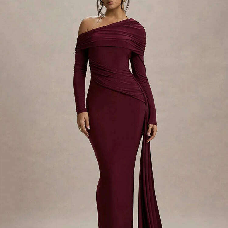 Mozision Skew Collar Long Sleeve Maxi Dress