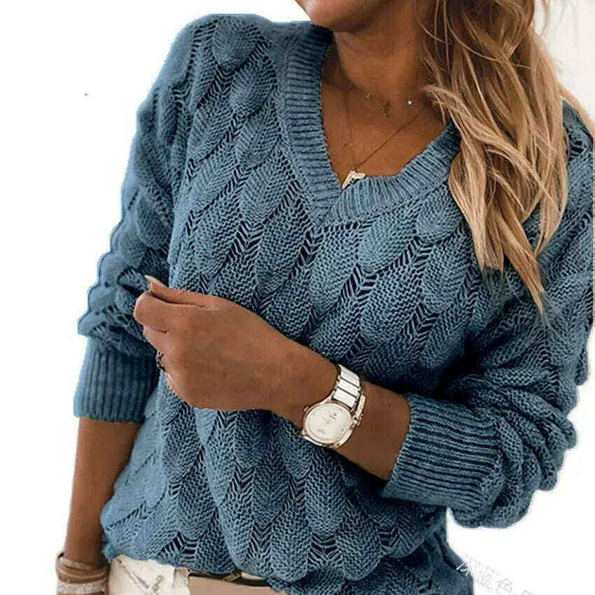 Fashion Women's V-Neck Pullover: Hollow Out, Casual Sweater Top - D&M Boutique