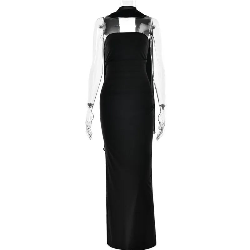 Mozision Scarf Collar Strapless Sexy Maxi Dress For Women Fashion Off-shoulder Backless Bodycon Club Party Long Dress Elegant