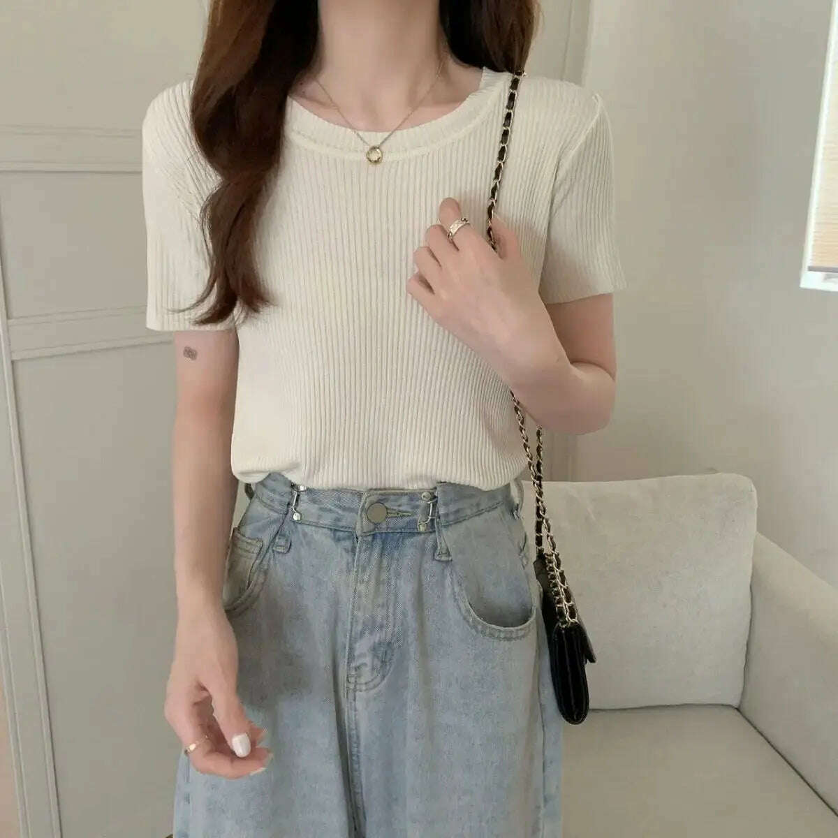 Knit Slim Short Sleeve T-Shirt: White/Green Crop Top - D&M Boutique