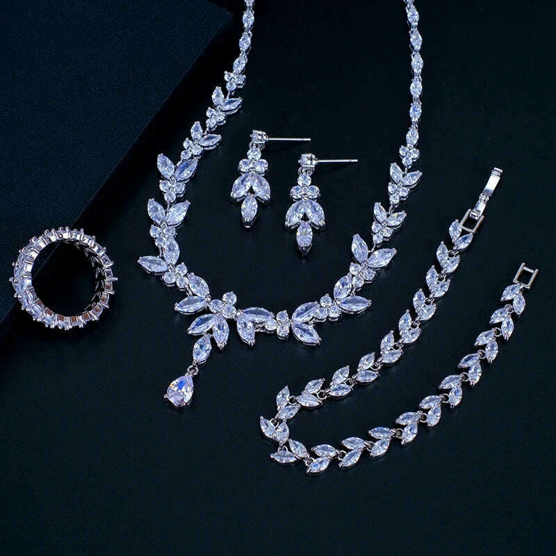 Ekopdee Luxury Brilliant Cubic Zirconia Necklace Set Earrings Rings Women CZ Light Drop Bridal Wedding Jewelry Sets 2022 New