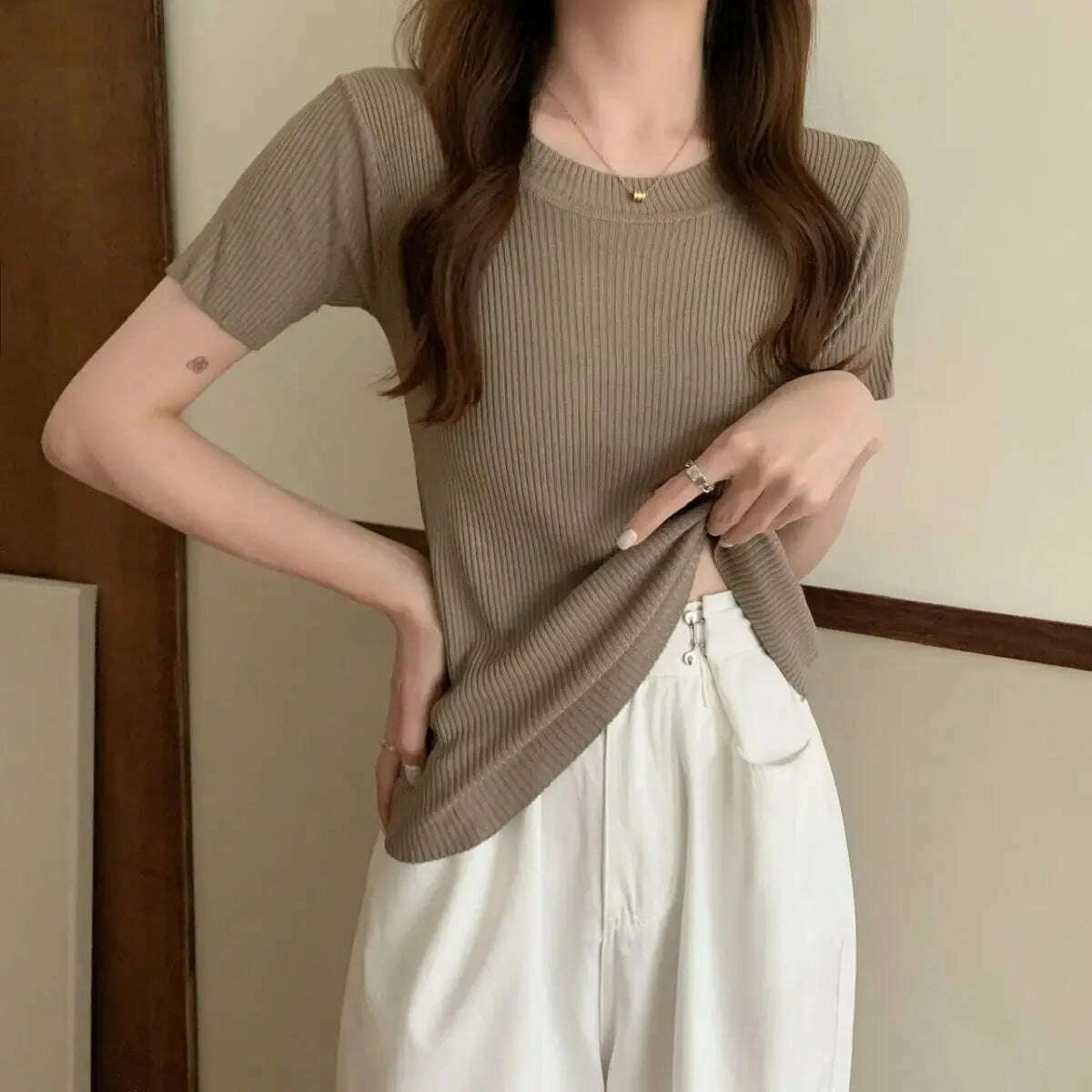 Knit Slim Short Sleeve T-Shirt: White/Green Crop Top - D&M Boutique