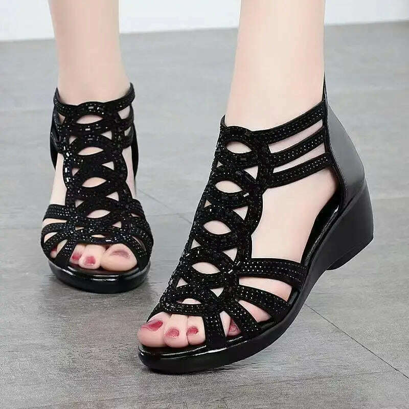 Soft Leather Roman Sandals - Chunky Heel Wedge Shoes
