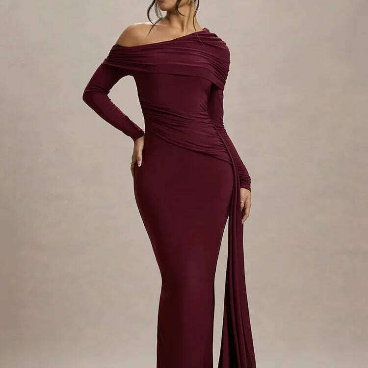 Mozision Skew Collar Long Sleeve Maxi Dress