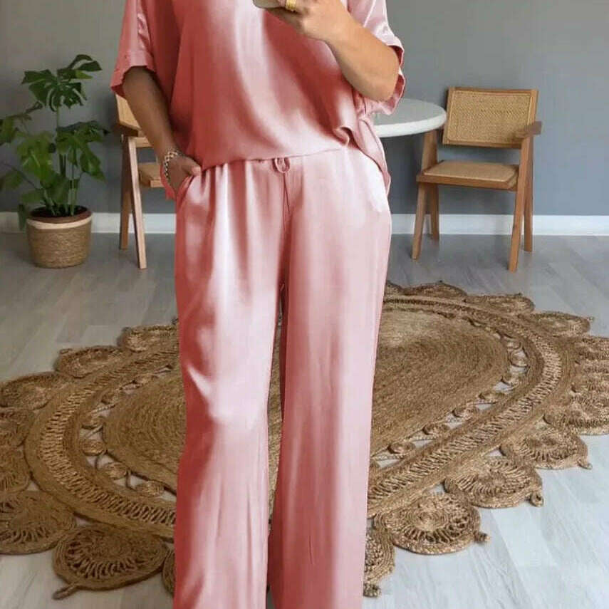 Elegant Women's Summer Satin V-neck Top & High-Waisted Pants Set