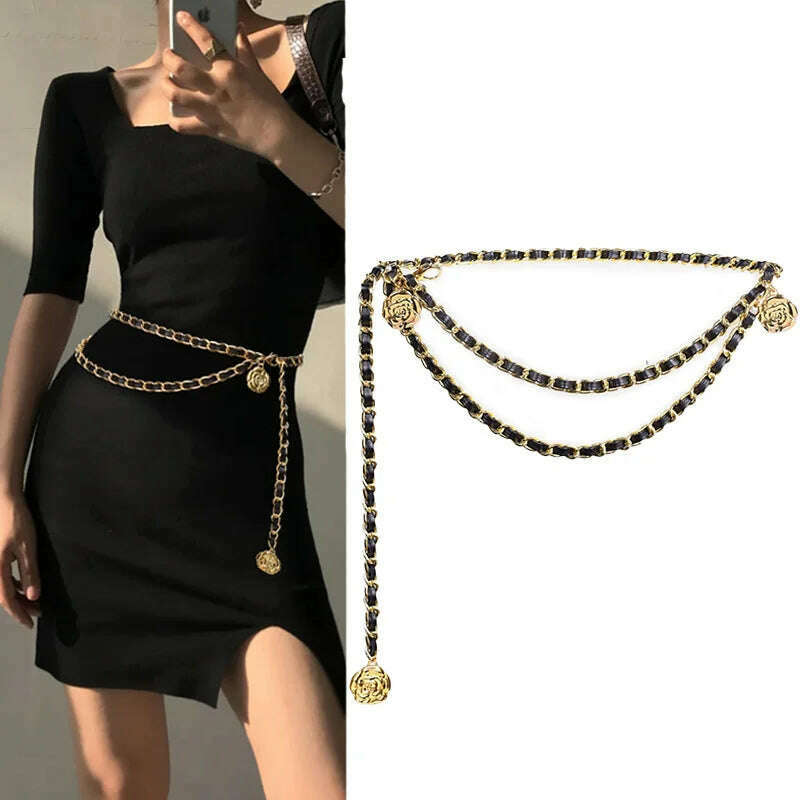 Fashion Metal Chain Belt for Women with Flower Pendant