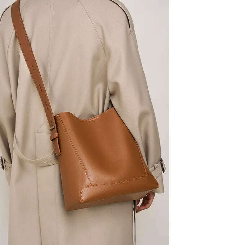 Minimalist Brown Leather Bucket Bag - Sleek and Structured