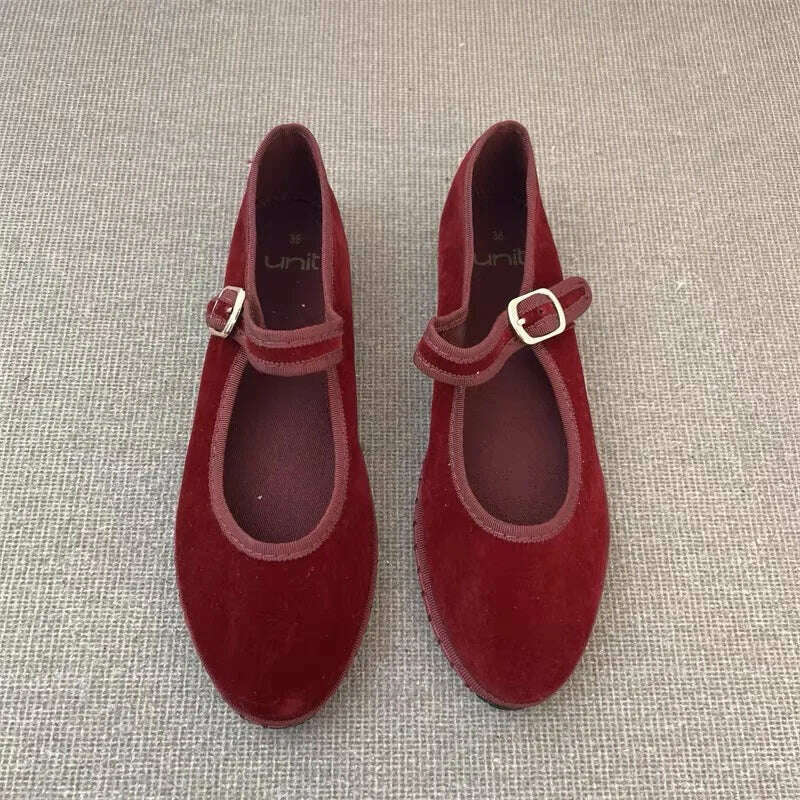 Velvet Mary Jane Flats - Casual, Chic, Red & Timeless