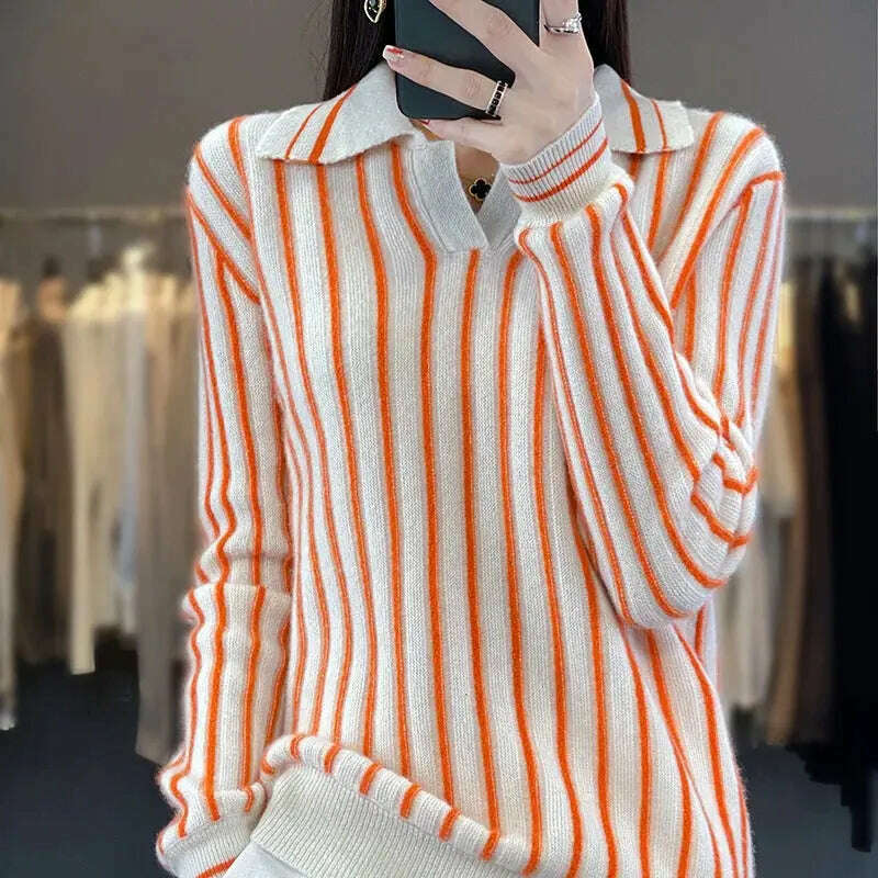 Merino Wool Sweater: Striped, Polo Neck, Autumn/Winter - D&M Boutique