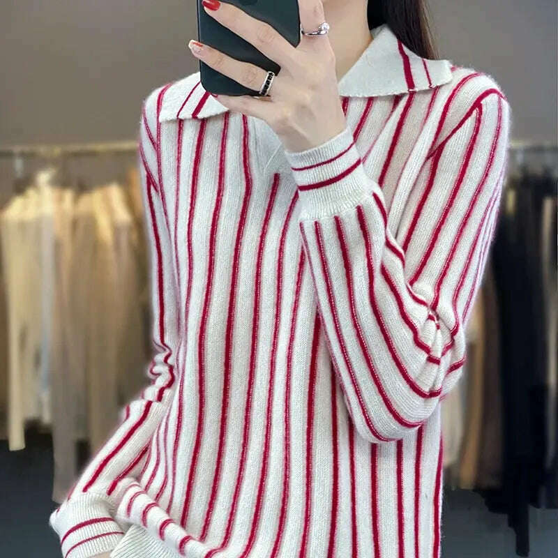 Merino Wool Sweater: Striped, Polo Neck, Autumn/Winter - D&M Boutique